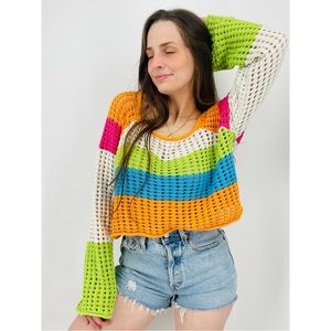 wild fable | Square Neck Pointelle Crocheted Pullover Colorblock Sweater Size L